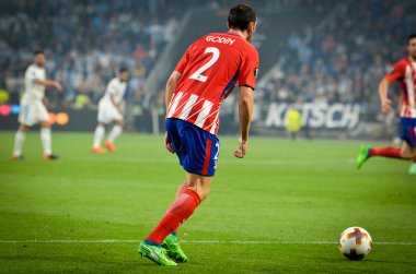 Lyon, Fransa - 16 Mayıs, 2018: Diego Godin Atletico Madrid vs Groupama Stadyumu, Fransa Olimpik Marsilya arasında final Uefa Avrupa Ligi maçı sırasında