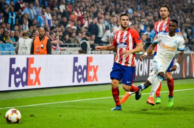 Lyon, Fransa - 16 Mayıs, 2018: futbolcu Atletico Madrid vs Groupama Stadyumu, Fransa Olimpik Marsilya arasında final Uefa Avrupa Ligi maçı sırasında