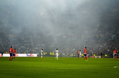 Lyon, Fransa - 16 Mayıs, 2018: futbolcu Atletico Madrid vs Groupama Stadyumu, Fransa Olimpik Marsilya arasında final Uefa Avrupa Ligi maçı sırasında