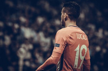 Lyon, Fransa - 16 Mayıs, 2018: Lucas Hernandez Atletico Madrid vs Groupama Stadyumu, Fransa Olimpik Marsilya arasında final Uefa Avrupa Ligi maçı sırasında