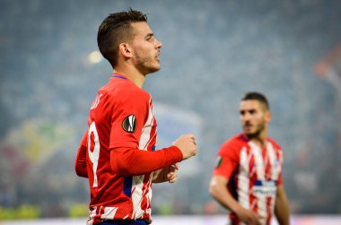 Lyon, Fransa - 16 Mayıs, 2018: Lucas Hernandez Atletico Madrid vs Groupama Stadyumu, Fransa Olimpik Marsilya arasında final Uefa Avrupa Ligi maçı sırasında