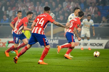 Lyon, Fransa - 16 Mayıs, 2018: Jose Gimenez Atletico Madrid vs Groupama Stadyumu, Fransa Olimpik Marsilya arasında final Uefa Avrupa Ligi maçı sırasında