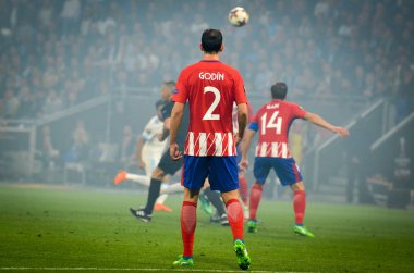 Lyon, Fransa - 16 Mayıs, 2018: Diego Godin Atletico Madrid vs Groupama Stadyumu, Fransa Olimpik Marsilya arasında final Uefa Avrupa Ligi maçı sırasında