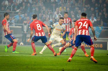 Lyon, Fransa - 16 Mayıs, 2018: Lucas Ocampos arada Atletico Madrid vs Olimpik Marsilya Groupama Stadyumu, Fransa final Uefa Avrupa Ligi maçı sırasında