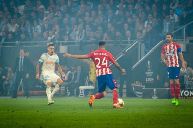 Lyon, Fransa - 16 Mayıs, 2018: Jose Gimenez Atletico Madrid vs Groupama Stadyumu, Fransa Olimpik Marsilya arasında final Uefa Avrupa Ligi maçı sırasında