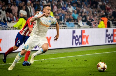 Lyon, Fransa - 16 Mayıs, 2018: Atletico Madrid vs Groupama Stadyumu, Fransa Olimpik Marsilya arasında final Uefa Avrupa Ligi maçı sırasında Florian Thauvin (R)