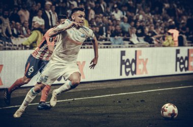 Lyon, Fransa - 16 Mayıs, 2018: Atletico Madrid vs Groupama Stadyumu, Fransa Olimpik Marsilya arasında final Uefa Avrupa Ligi maçı sırasında Florian Thauvin (R)