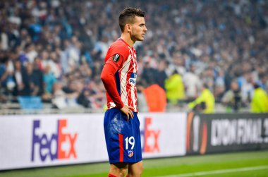 Lyon, Fransa - 16 Mayıs, 2018: Lucas Hernandez Atletico Madrid vs Groupama Stadyumu, Fransa Olimpik Marsilya arasında final Uefa Avrupa Ligi maçı sırasında