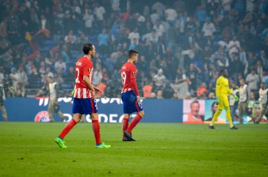 Lyon, Fransa - 16 Mayıs, 2018: futbolcu Atletico Madrid vs Groupama Stadyumu, Fransa Olimpik Marsilya arasında final Uefa Avrupa Ligi maçı sırasında