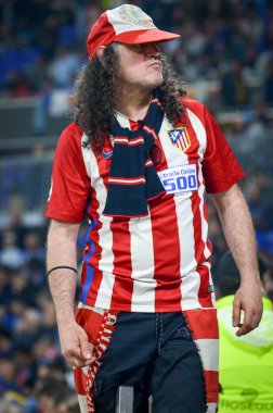Lyon, Fransa - 16 Mayıs, 2018: Atletico Madrid taraftarları final Uefa Avrupa Ligi sırasında takım maç arada Atletico Madrid vs Groupama Stadyumu, Fransa Olimpik Marsilya standları destek