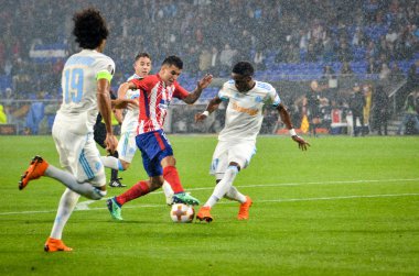 Lyon, Fransa - 16 Mayıs, 2018: Lucas Hernandez Atletico Madrid vs Groupama Stadyumu, Fransa Olimpik Marsilya arasında final Uefa Avrupa Ligi maçı sırasında