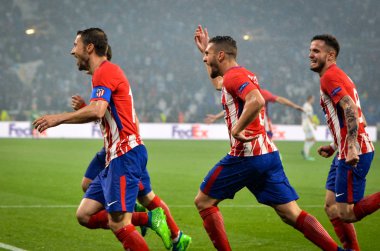 Lyon, Fransa - 16 Mayıs, 2018: futbolcuların Atletico Madrid Atletico Madrid – Olimpik Marsilya, Fransa arasında final Uefa Avrupa Ligi maçı sırasında Antoine Griezmann gol kutlamak