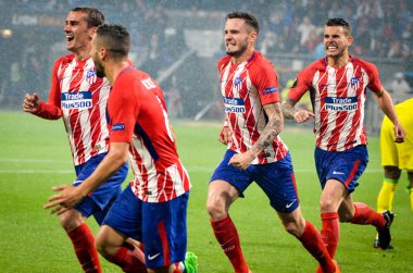 Lyon, Fransa - 16 Mayıs, 2018: Antoine Griezmann arada Atletico Madrid vs Olimpik Marsilya Groupama Stadyumu'nda Fransa final Uefa Avrupa Ligi maçı sırasında gol kutluyor