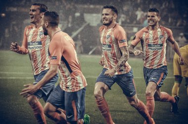 Lyon, Fransa - 16 Mayıs, 2018: Antoine Griezmann arada Atletico Madrid vs Olimpik Marsilya Groupama Stadyumu'nda Fransa final Uefa Avrupa Ligi maçı sırasında gol kutluyor