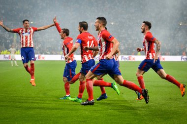 Lyon, Fransa - 16 Mayıs, 2018: futbolcuların Atletico Madrid Atletico Madrid – Olimpik Marsilya, Fransa arasında final Uefa Avrupa Ligi maçı sırasında Antoine Griezmann gol kutlamak