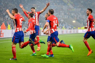 Lyon, Fransa - 16 Mayıs, 2018: futbolcuların Atletico Madrid Atletico Madrid – Olimpik Marsilya, Fransa arasında final Uefa Avrupa Ligi maçı sırasında Antoine Griezmann gol kutlamak