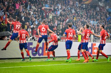 Lyon, Fransa - 16 Mayıs, 2018: futbolcuların Atletico Madrid Atletico Madrid – Olimpik Marsilya, Fransa arasında final Uefa Avrupa Ligi maçı sırasında Antoine Griezmann gol kutlamak