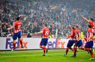 Lyon, Fransa - 16 Mayıs, 2018: futbolcuların Atletico Madrid Atletico Madrid – Olimpik Marsilya, Fransa arasında final Uefa Avrupa Ligi maçı sırasında Antoine Griezmann gol kutlamak