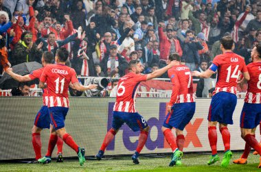 Lyon, Fransa - 16 Mayıs, 2018: futbolcuların Atletico Madrid Atletico Madrid – Olimpik Marsilya, Fransa arasında final Uefa Avrupa Ligi maçı sırasında Antoine Griezmann gol kutlamak