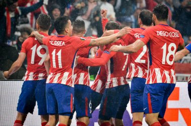 Lyon, Fransa - 16 Mayıs, 2018: futbolcuların Atletico Madrid Atletico Madrid – Olimpik Marsilya, Fransa arasında final Uefa Avrupa Ligi maçı sırasında Antoine Griezmann gol kutlamak