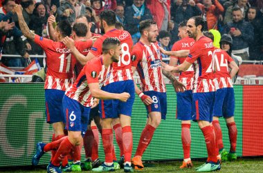 Lyon, Fransa - 16 Mayıs, 2018: futbolcuların Atletico Madrid Atletico Madrid – Olimpik Marsilya, Fransa arasında final Uefa Avrupa Ligi maçı sırasında Antoine Griezmann gol kutlamak