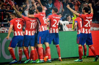 Lyon, Fransa - 16 Mayıs, 2018: futbolcuların Atletico Madrid Atletico Madrid – Olimpik Marsilya, Fransa arasında final Uefa Avrupa Ligi maçı sırasında Antoine Griezmann gol kutlamak