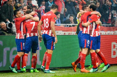 Lyon, Fransa - 16 Mayıs, 2018: futbolcuların Atletico Madrid Atletico Madrid – Olimpik Marsilya, Fransa arasında final Uefa Avrupa Ligi maçı sırasında Antoine Griezmann gol kutlamak