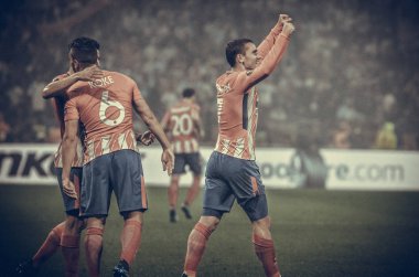 Lyon, Fransa - 16 Mayıs, 2018: Antoine Griezmann arada Atletico Madrid vs Olimpik Marsilya Groupama Stadyumu, Fransa final Uefa Avrupa Ligi maçı sırasında gol kutlamak