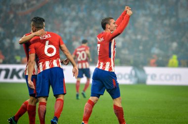 Lyon, Fransa - 16 Mayıs, 2018: Antoine Griezmann arada Atletico Madrid vs Olimpik Marsilya Groupama Stadyumu, Fransa final Uefa Avrupa Ligi maçı sırasında gol kutlamak