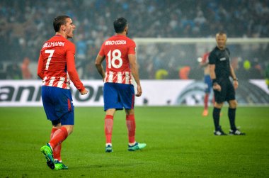 Lyon, Fransa - 16 Mayıs, 2018: Antoine Griezmann arada Atletico Madrid vs Olimpik Marsilya Groupama Stadyumu, Fransa final Uefa Avrupa Ligi maçı sırasında gol kutlamak