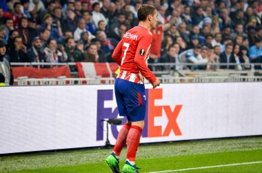 Lyon, Fransa - 16 Mayıs, 2018: Antoine Griezmann arada Atletico Madrid vs Olimpik Marsilya Groupama Stadyumu, Fransa final Uefa Avrupa Ligi maçı sırasında