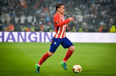 Lyon, Fransa - 16 Mayıs, 2018: Antoine Griezmann arada Atletico Madrid vs Olimpik Marsilya Groupama Stadyumu, Fransa final Uefa Avrupa Ligi maçı sırasında