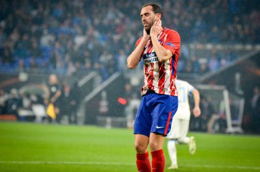 Lyon, Fransa - 16 Mayıs, 2018: Diego Godin Atletico Madrid vs Groupama Stadyumu, Fransa Olimpik Marsilya arasında final Uefa Avrupa Ligi maçı sırasında üzgün