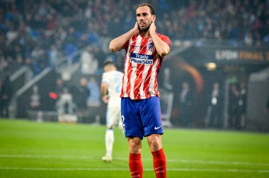 Lyon, Fransa - 16 Mayıs, 2018: Diego Godin Atletico Madrid vs Groupama Stadyumu, Fransa Olimpik Marsilya arasında final Uefa Avrupa Ligi maçı sırasında üzgün