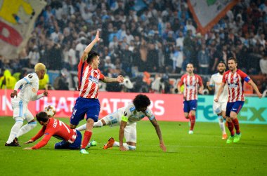 Lyon, Fransa - 16 Mayıs, 2018: futbolcu Atletico Madrid vs Groupama Stadyumu, Fransa Olimpik Marsilya arasında final Uefa Avrupa Ligi maçı sırasında