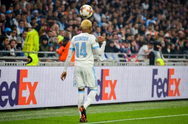 Lyon, Fransa - 16 Mayıs, 2018: Clinton N'Jie arada Atletico Madrid vs Olimpik Marsilya Groupama Stadyumu, Fransa final Uefa Avrupa Ligi maçı sırasında