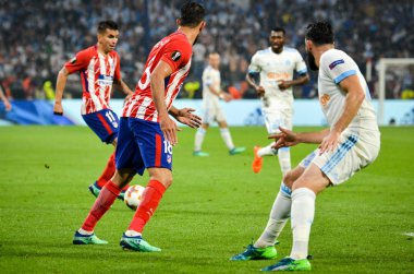 Lyon, Fransa - 16 Mayıs, 2018: Diego Costa (L) arada Atletico Madrid vs Olimpik Marsilya Groupama Stadyumu, Fransa final Uefa Avrupa Ligi maçı sırasında