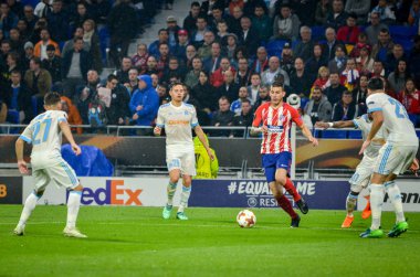 Lyon, Fransa - 16 Mayıs, 2018: futbolcu Atletico Madrid vs Groupama Stadyumu, Fransa Olimpik Marsilya arasında final Uefa Avrupa Ligi maçı sırasında