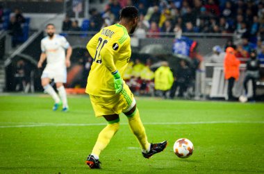 Lyon, Fransa - 16 Mayıs, 2018: Steve Mandanda Atletico Madrid vs Groupama Stadyumu, Fransa Olimpik Marsilya arasında final Uefa Avrupa Ligi maçı sırasında