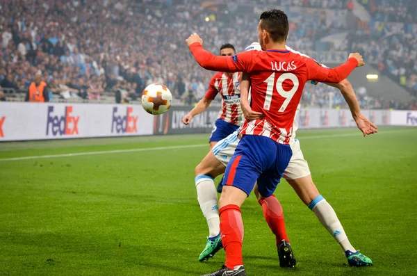Lyon, Fransa - 16 Mayıs, 2018: Lucas Hernandez Atletico Madrid vs Groupama Stadyumu, Fransa Olimpik Marsilya arasında final Uefa Avrupa Ligi maçı sırasında