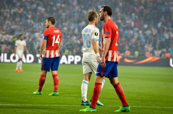 Lyon, Fransa - 16 Mayıs, 2018: Diego Godin Atletico Madrid vs Groupama Stadyumu, Fransa Olimpik Marsilya arasında final Uefa Avrupa Ligi maçı sırasında