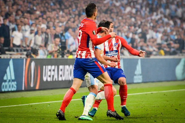 Lyon, Fransa - 16 Mayıs, 2018: Lucas Hernandez Atletico Madrid vs Groupama Stadyumu, Fransa Olimpik Marsilya arasında final Uefa Avrupa Ligi maçı sırasında