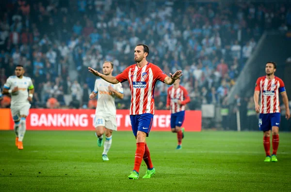 Lyon, Fransa - 16 Mayıs, 2018: Diego Godin Atletico Madrid vs Groupama Stadyumu, Fransa Olimpik Marsilya arasında final Uefa Avrupa Ligi maçı sırasında
