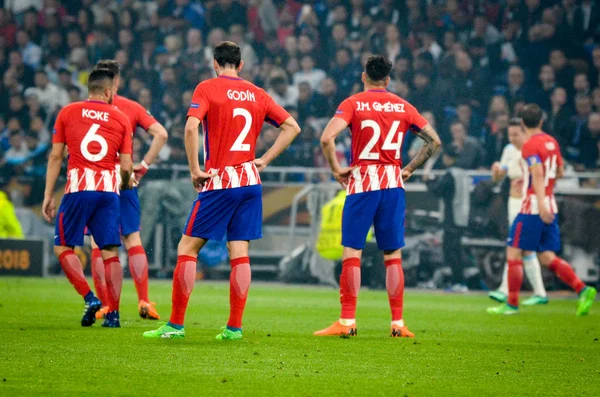 Lyon, Fransa - 16 Mayıs, 2018: Atletico Madrid vs Groupama Stadyumu, Fransa Olimpik Marsilya arasında final Uefa Avrupa Ligi maçı sırasında Diego Godin (C)