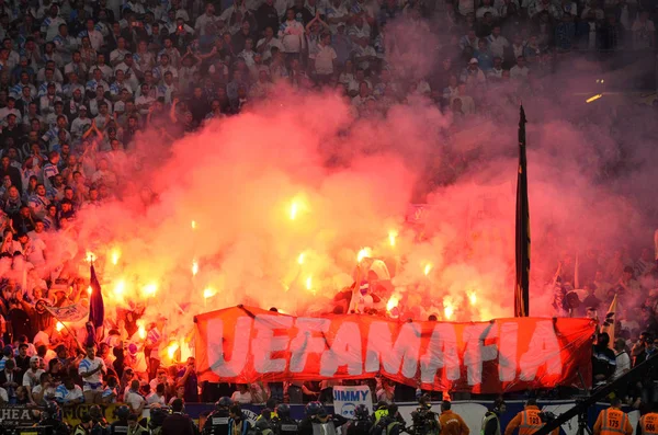 Lyon Frankrike Maj 2018 Fans Olympic Marseille Postat Affisch Uefa — Stockfoto