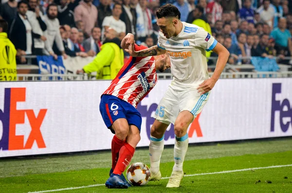 Lyon, Fransa - 16 Mayıs, 2018: Koke (L) Florian Thauvin (R) arada Atletico Madrid vs Olimpik Marsilya Groupama Stadyumu, Fransa final Uefa Avrupa Ligi maçı sırasında karşı