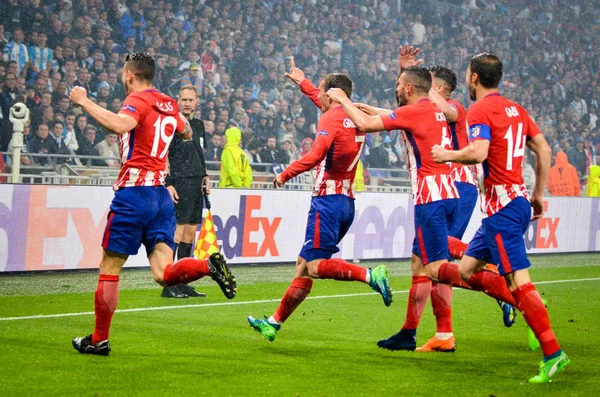 Lyon, Fransa - 16 Mayıs, 2018: futbolcuların Atletico Madrid Atletico Madrid – Olimpik Marsilya, Fransa arasında final Uefa Avrupa Ligi maçı sırasında Antoine Griezmann gol kutlamak