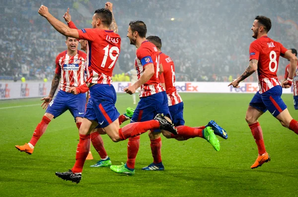 Lyon, Fransa - 16 Mayıs, 2018: futbolcuların Atletico Madrid Atletico Madrid – Olimpik Marsilya, Fransa arasında final Uefa Avrupa Ligi maçı sırasında Antoine Griezmann gol kutlamak
