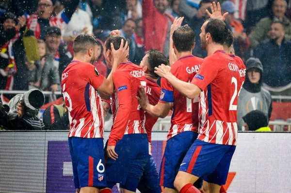 Lyon, Fransa - 16 Mayıs, 2018: futbolcuların Atletico Madrid Atletico Madrid – Olimpik Marsilya, Fransa arasında final Uefa Avrupa Ligi maçı sırasında Antoine Griezmann gol kutlamak