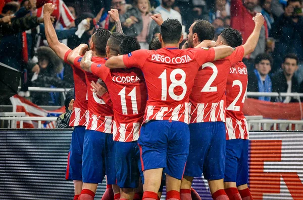 Lyon, Fransa - 16 Mayıs, 2018: futbolcuların Atletico Madrid Atletico Madrid – Olimpik Marsilya, Fransa arasında final Uefa Avrupa Ligi maçı sırasında Antoine Griezmann gol kutlamak